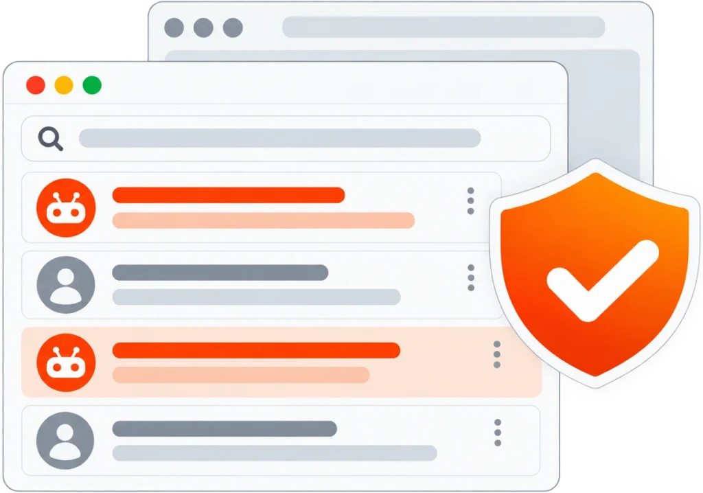 Illustration of a harmful Reddit search result being reviewed for a confidential suppression strategy