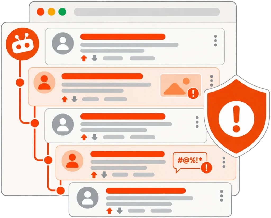 Illustration of a harmful Reddit discussion with flagged content creating a reputation concern
