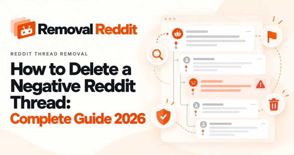 Featured illustration for how to delete a negative Reddit thread, showing review, reporting and removal options