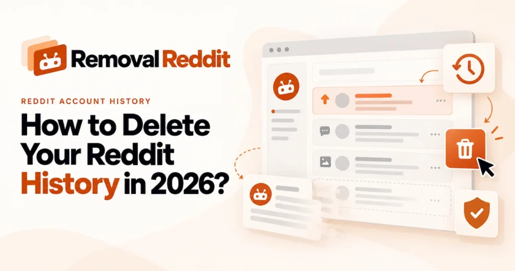 Illustration showing how to delete your Reddit history, including posts, comments and account activity