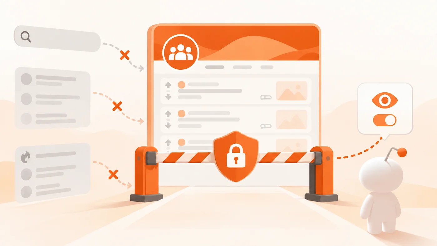 Illustration showing a quarantined Reddit community with restricted access and reduced discovery
