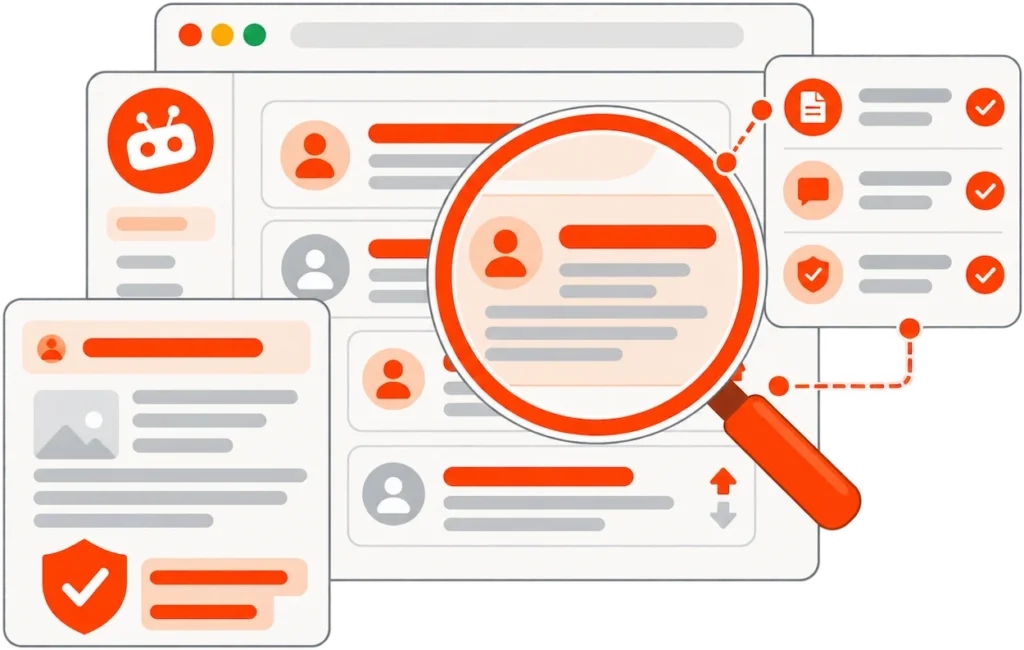 Illustration of Reddit content cases being reviewed and assessed across different situations