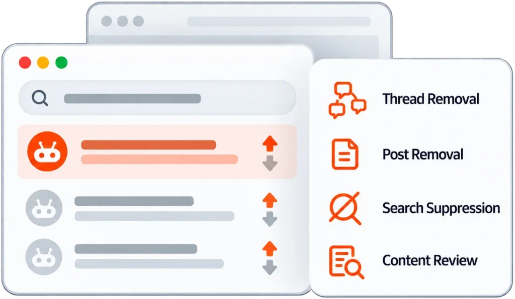 Illustration representing experience with Reddit content removal and search visibility cases