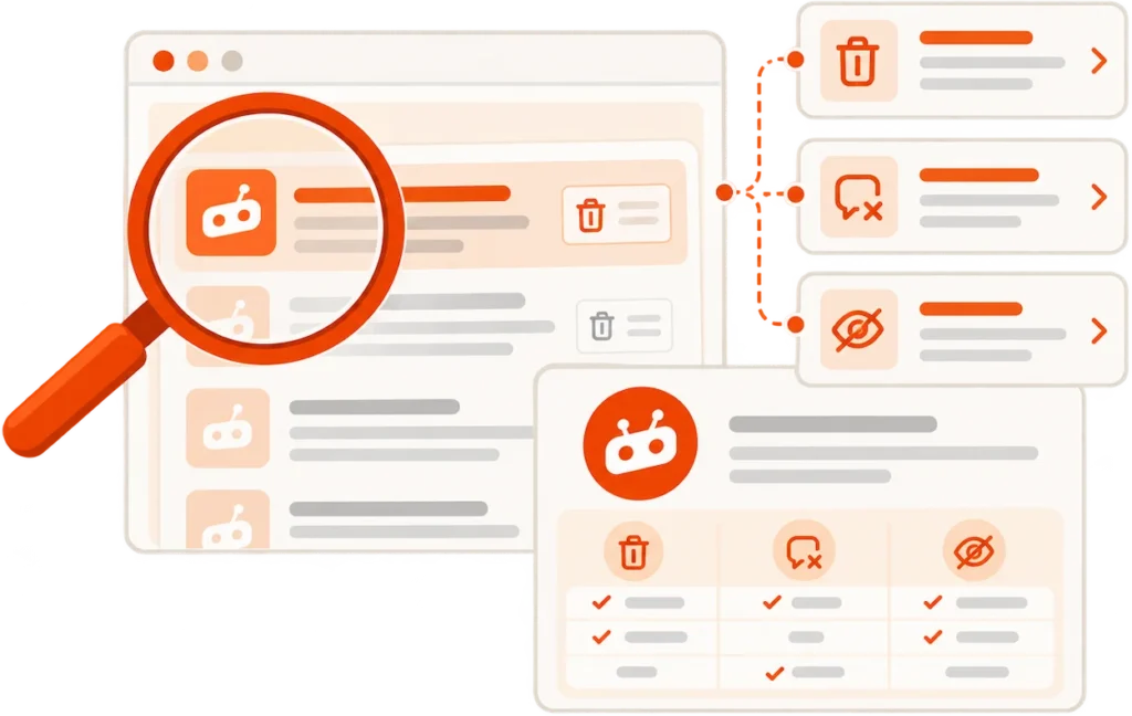 Illustration of Reddit content being reviewed to compare removal, reporting and visibility options