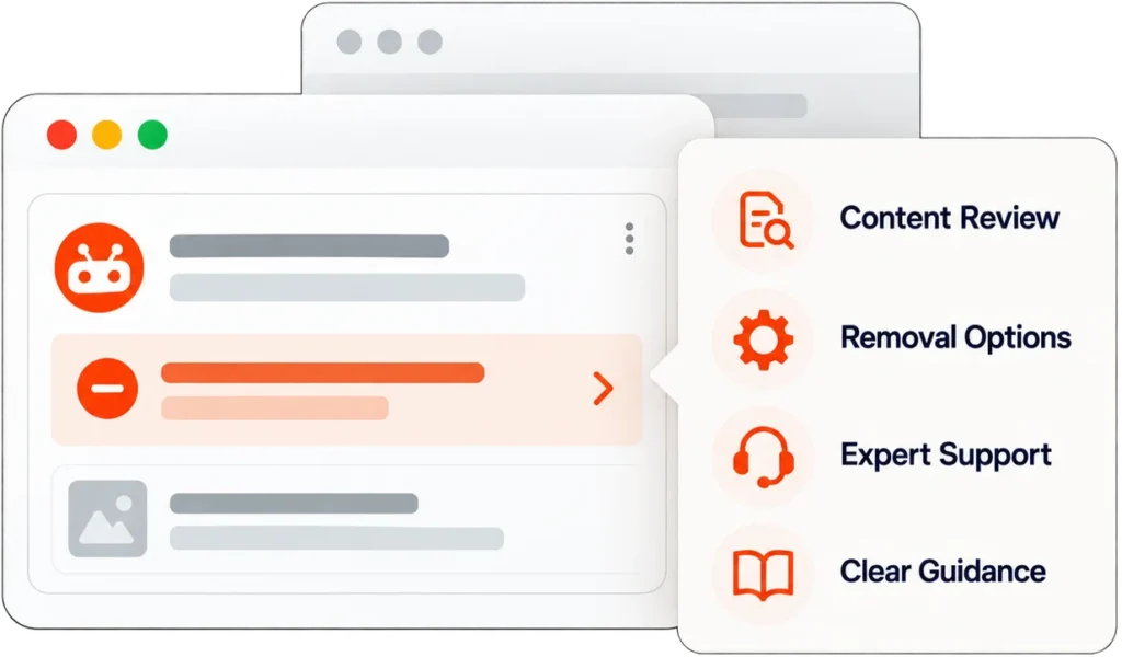 Illustration of a Reddit content removal service reviewing harmful content and suppression options