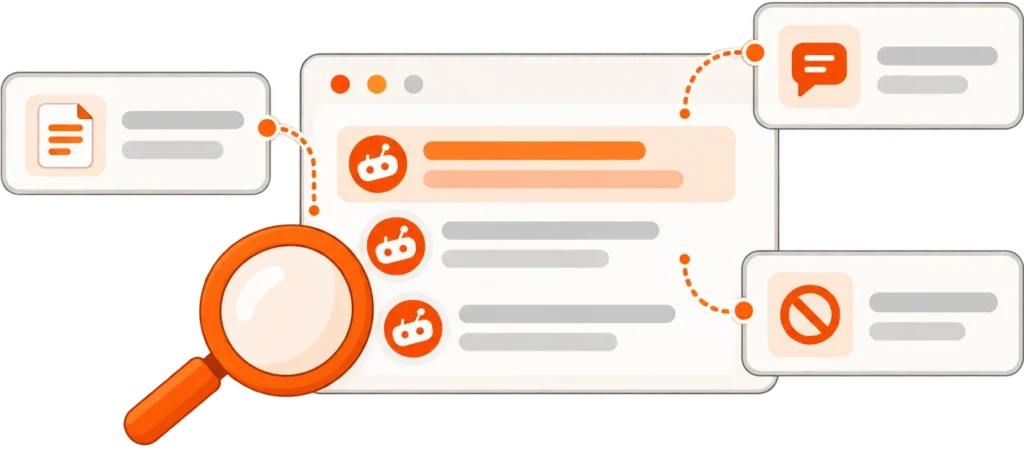 Illustration of Reddit content being reviewed to identify the appropriate removal or suppression service