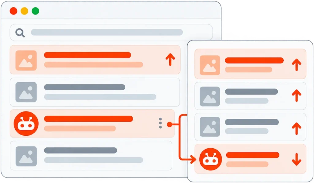 Illustration showing harmful Reddit content remaining online while its search visibility is reduced