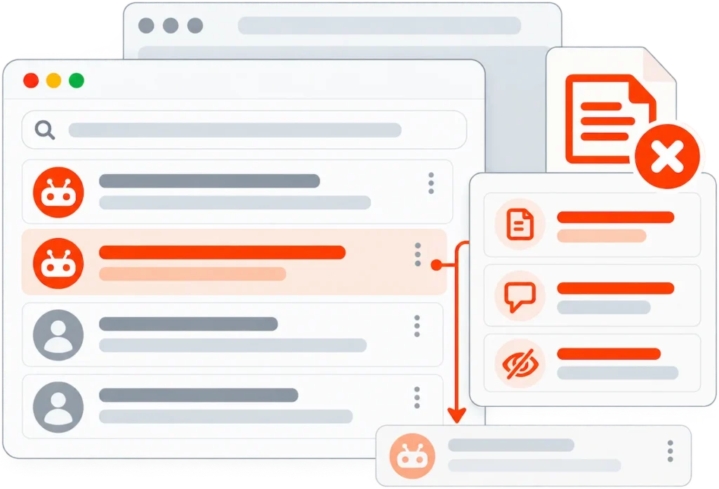 Illustration of a Reddit content suppression service reducing the visibility of a harmful search result