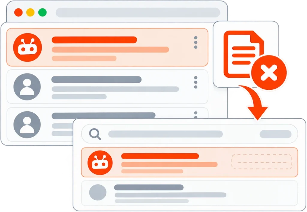 Illustration showing a removed Reddit post and search results updating after source removal