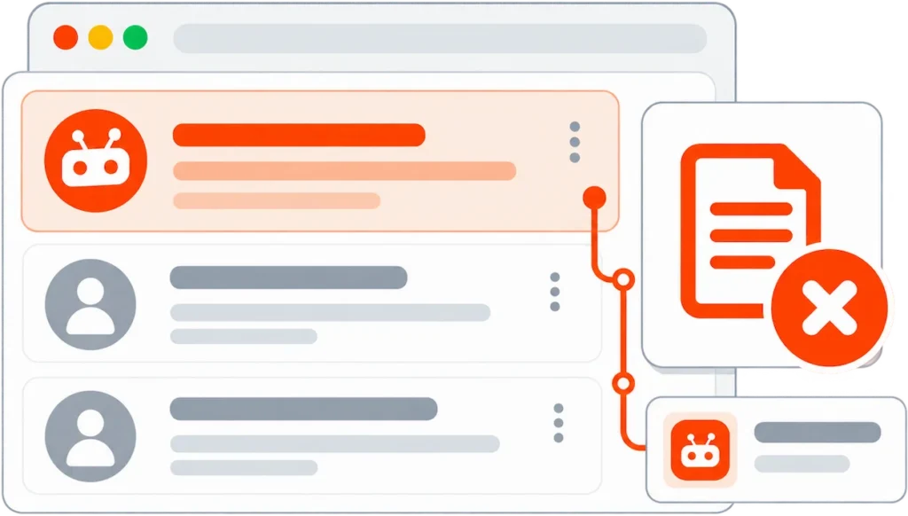 Illustration of a Reddit post removal service reviewing a harmful post for targeted removal