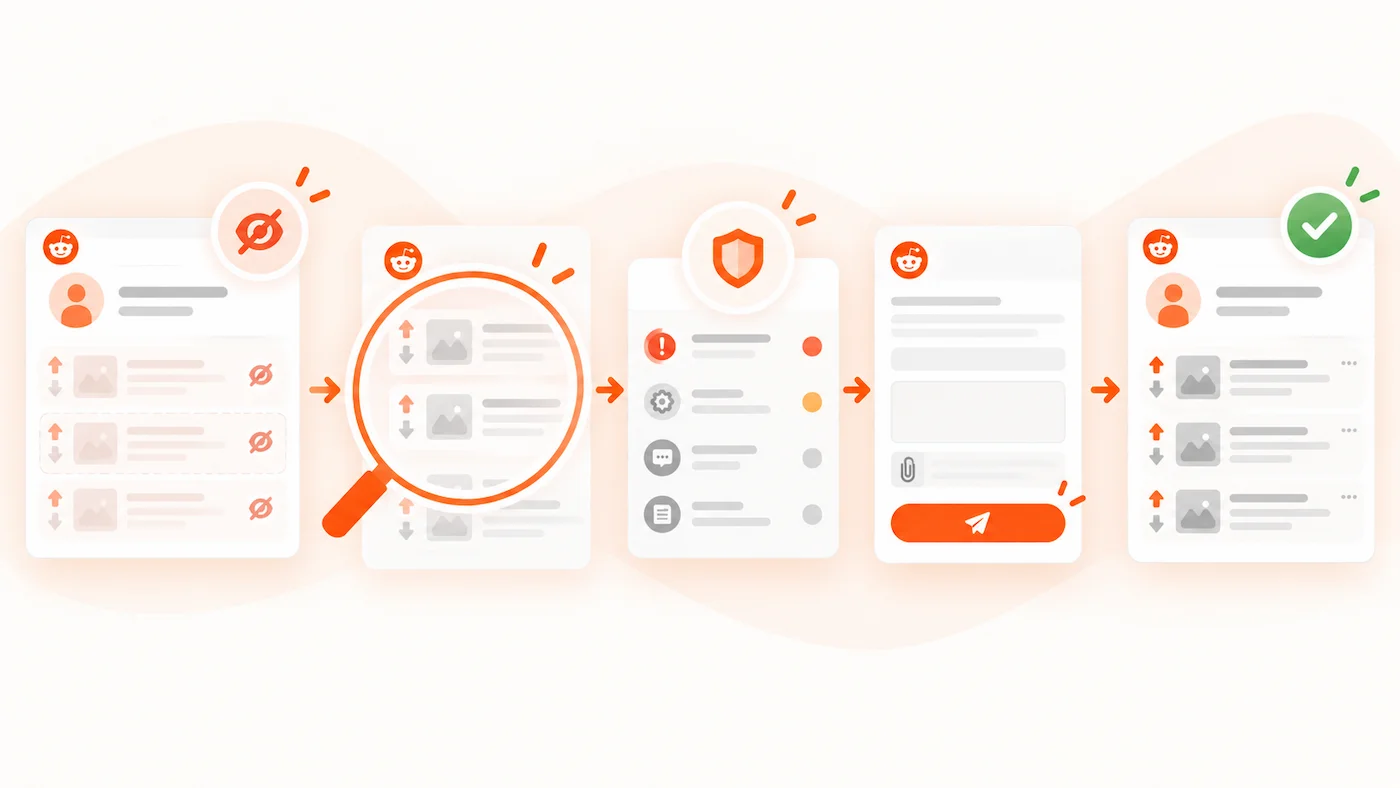 Illustration showing the Reddit account review and appeal process for a possible shadowban or visibility restriction