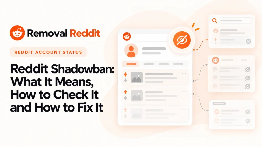 Reddit shadowban account status illustration showing reduced visibility across posts, comments and profile activity