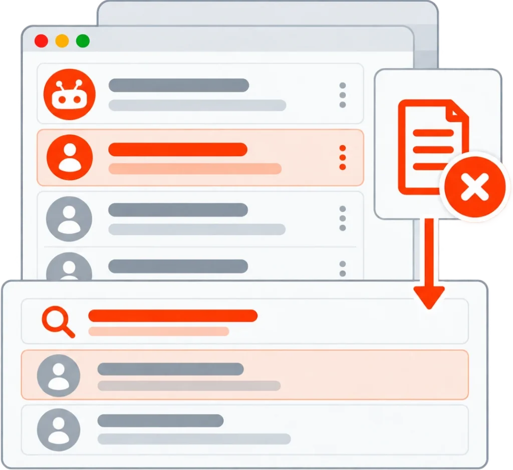Illustration showing a removed Reddit thread and search results updating after source removal