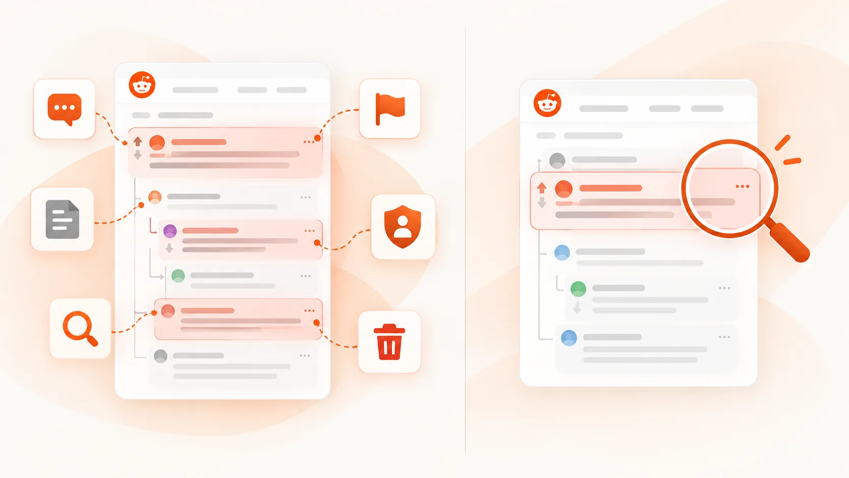 Illustration comparing a harmful Reddit thread with a problem involving one specific post or comment
