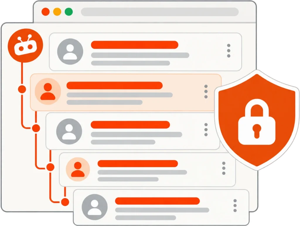 Illustration of Reddit content being reviewed with a privacy shield for confidential case support