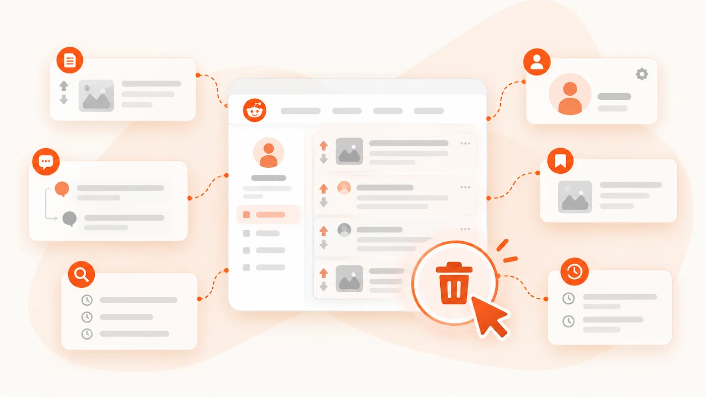 Illustration showing different types of Reddit history including posts, comments, searches, saved content and account activity